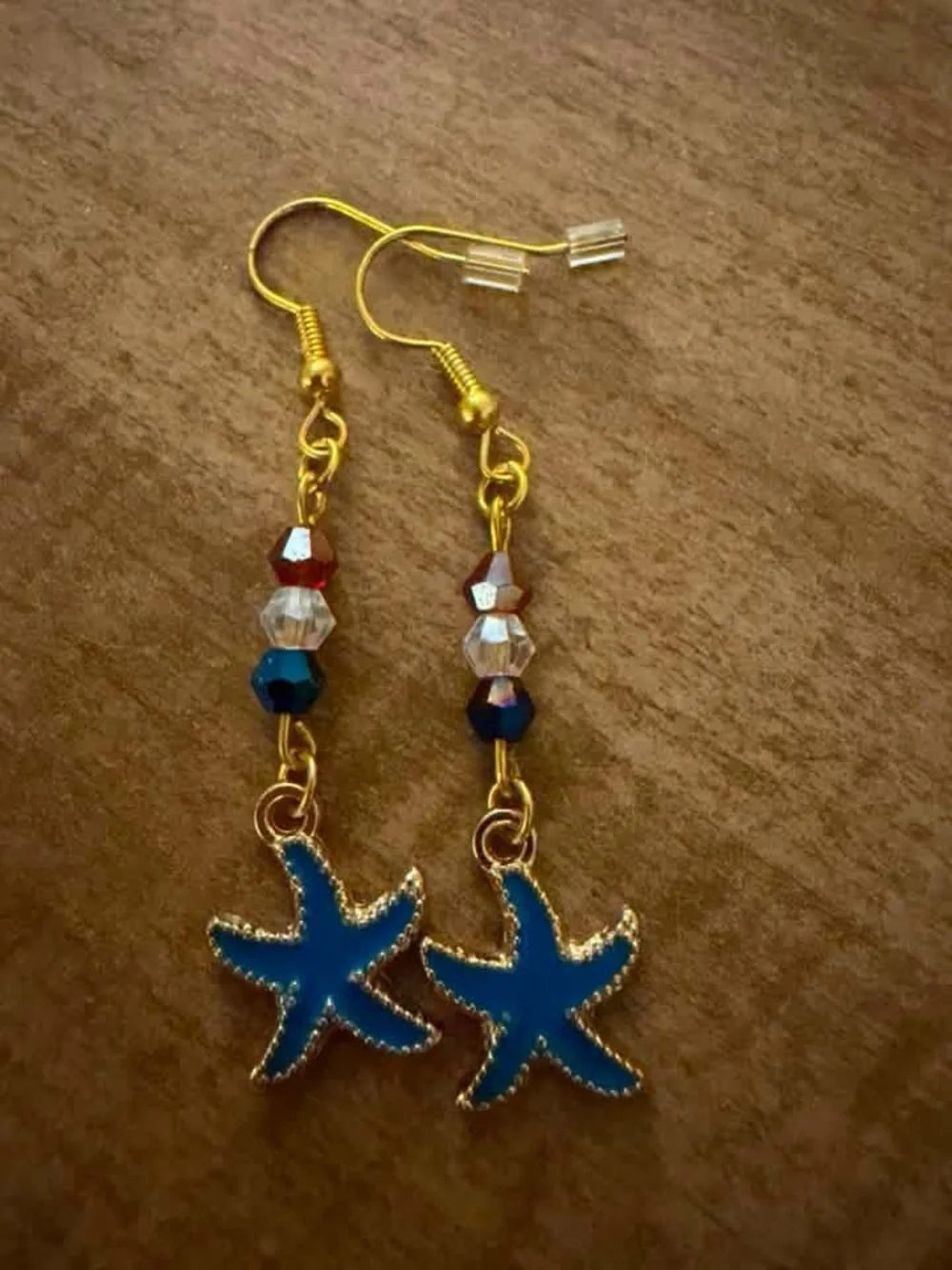 Child's Blue Starfish Drop Earrings with Gold Tone